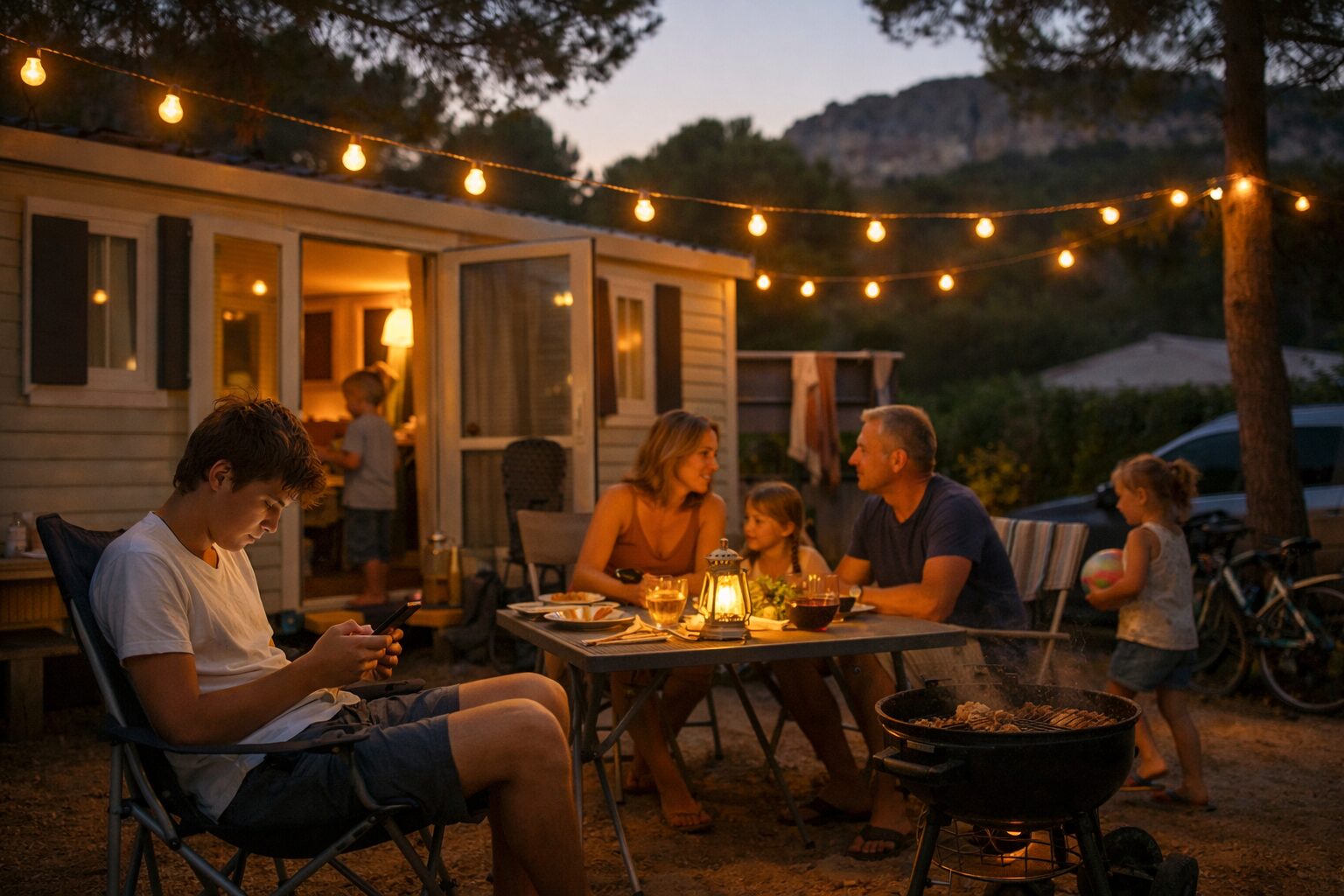 Vacanciers connectés au WiFi depuis la terrasse du snack d'un camping